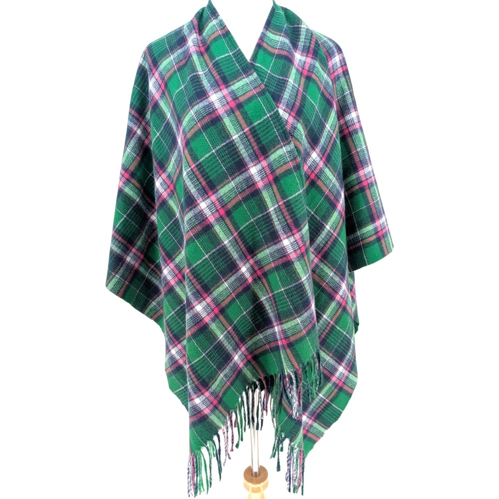 Bell by Kim Gravel Preppy Plaid Poncho One Size Pink Green Fringe Cozy Heritage
